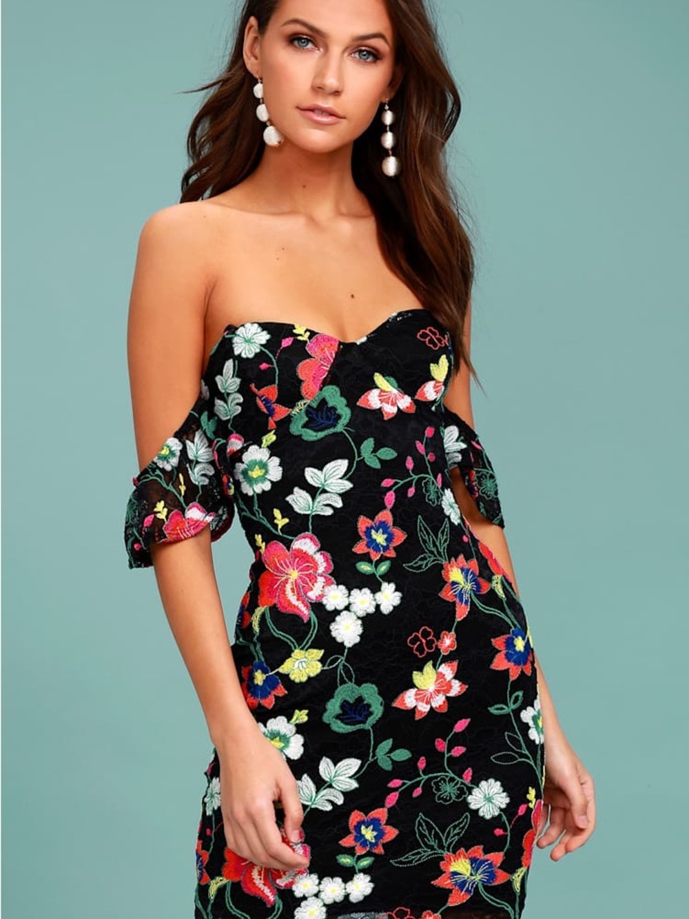 Lulu's NWT Hot Tropics Black Lace Embroidered Off-the-Shoulder Dress